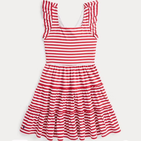 Polo Ralph Lauren Red&White Cotton Jersey Striped Keyhole Back Dress M(8-10) NWT - Picture 1 of 10